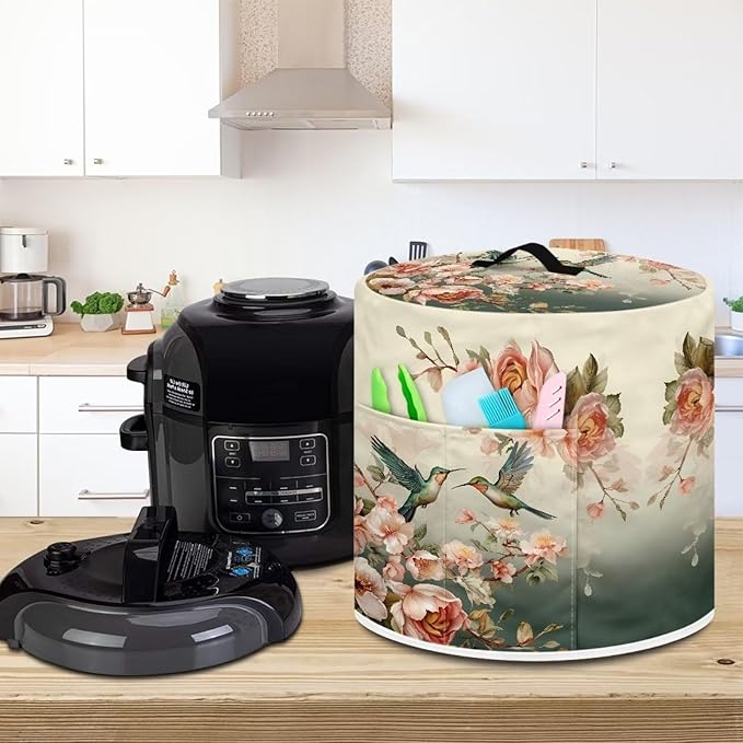 Xoenoiee Hummingbird Vintage Floral Print Kitchen Appliance Dust Cover with Pockets, Electric Pressure Cooker Cover Compatible with Crock Pot, Rice Cooker Cover, for 3 Qt Pot