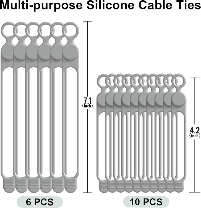 Silicone Cable Ties, Cord Organizer Cable Management, 2Sizes-Grey | Reusable - Image 6