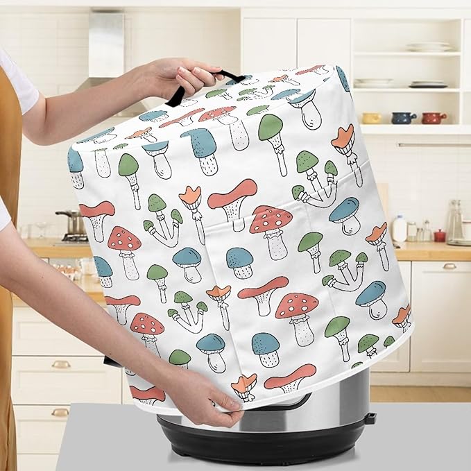 Cute Mushroom Print Pressure Cooker Cover 8 Quart Air Fryer Cover Kitchen Appliance Dust Cover Cover with Pockets for Electric Pressure Cooker Rice Cooker Steamer,White