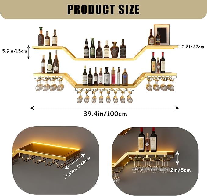 39.4in Modern LED Wine Rack Wall Mounted, 3-Tier Floating Bar Shelves with Wine Glass Rack, Large Hanging Liquor Shelf Wall Mounted, for Home Bar Dining Room Cafe Decorative (Gold, 39.4in/100cm)