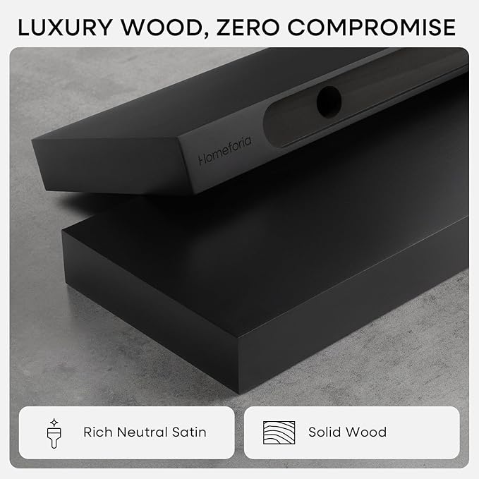 Homeforia Black Floating Shelf 48 inches, High End Solid Real Wood 48 inch Long Floating Shelves for Wall, Black Wooden 48inch Large Floating Shelves, Heavy Duty Bracket, 48 X 6.5 X 1.75 in, Set of 2