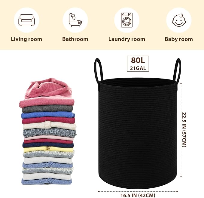OIAHOMY 80L Nursery Hamper Laundry Basket Laundry Hamper Black - Image 2