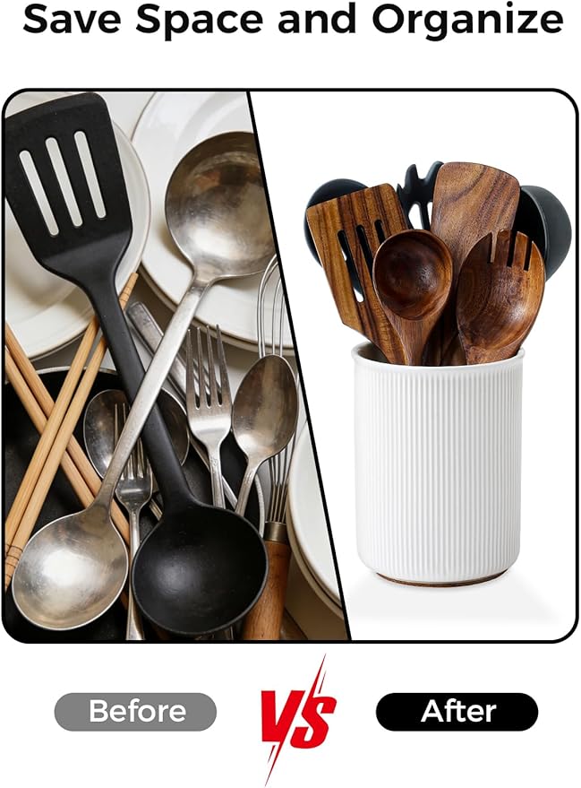 LoeJan Utensil Holder, Extra Large Utensil Crock, Stable Ceramic Utensil Organizer, Cooking Tool Organizer Set for Kitchen Counter Farmhouse Decor (E-6.7" White)