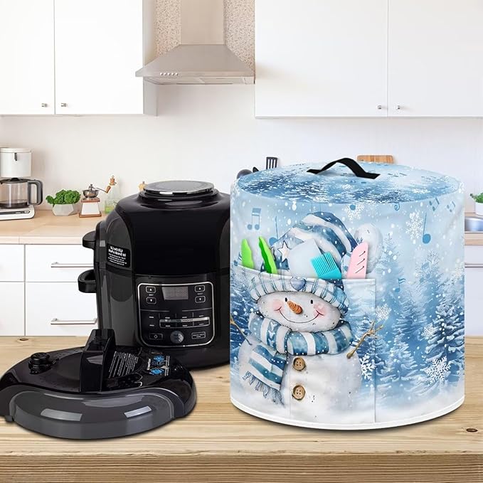 Christmas Theme Kitchen Appliance Dust Cover 6 Quart Pressure Cooker/Air Fryer/Rice Cooker Cover with Top Handle and Storage Pocker, Cute Snowman Blue