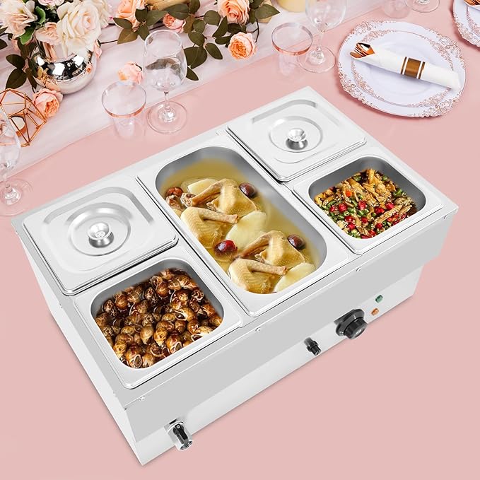 5 Pan Commercial Food Warmer,110V Electric Stainless Steel Steam Food Warmer with Lid,Electric Bain Marie Countertop with Temperature Control for Catering,Restaurant,Party (Small 5-Pan)