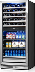 Yeego 24 Inch Wine Fridge - 40 Bottles and 112 Cans Dual Zone Wine Cooler with Glass Door, 34-65℉ Built-In or Freestanding Refrigerator with Lock and 2 Color LED for Kitchen Bar Office (Left-Hinged)