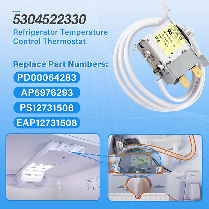 OEM 5304522330 4961212 Refrigerator Temperature Control Thermostat Compatible with Frigidaire and White-Westinghouse Refrigerator, Replacement Part AP6976293 PS12731508 EAP12731508 PD00064283