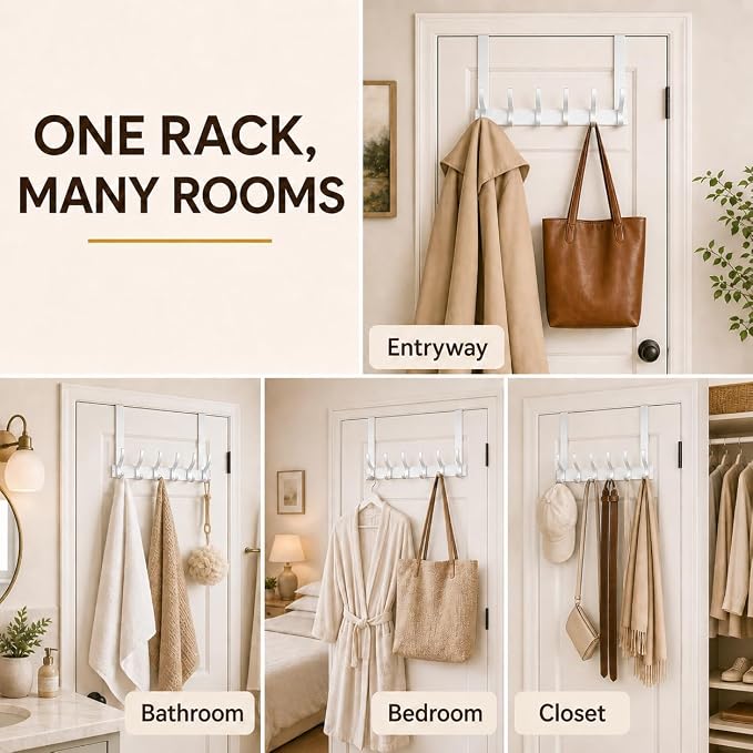 Peasulin Over The Door Hook Rack 11", 2 Pack, Long 6 Double Hooks | 12 Hanging - Image 5