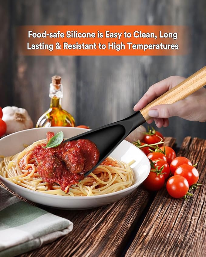 Cooking Spoon for Nonstick Cookwares, Great for Cooking and Serving Sturdy BPA-Free Matte Silicone, Wood Handle Spoon for Mixing, Scoop, and Scrape (BLACK, 13.4 inch)