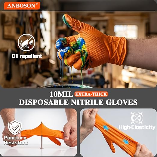 ANBOSON 10 Mil Heavy Duty Mechanic Nitrile Gloves, Large Orange 100 Count - Image 3