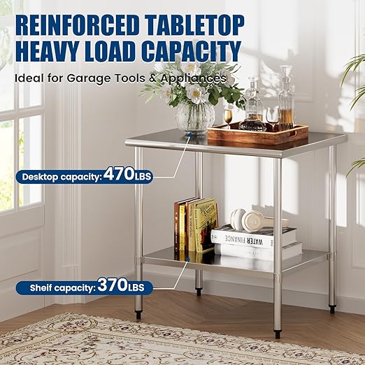 Stainless Steel Work Table 30 x 36 Inch with Adjustable Undershelf, Heavy-Duty Metal Prep Table for Commercial Kitchen & Restaurant, Garage, Outdoor
