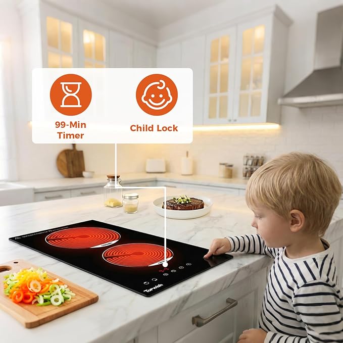 2 Burner Electric Cooktop, 12 Inch Built-in Ceramic Cooktop, 120v Plug in Electric Stove Top Burner with Child Lock, Timer, Sensor Touch Control, Over-Temperature Protection