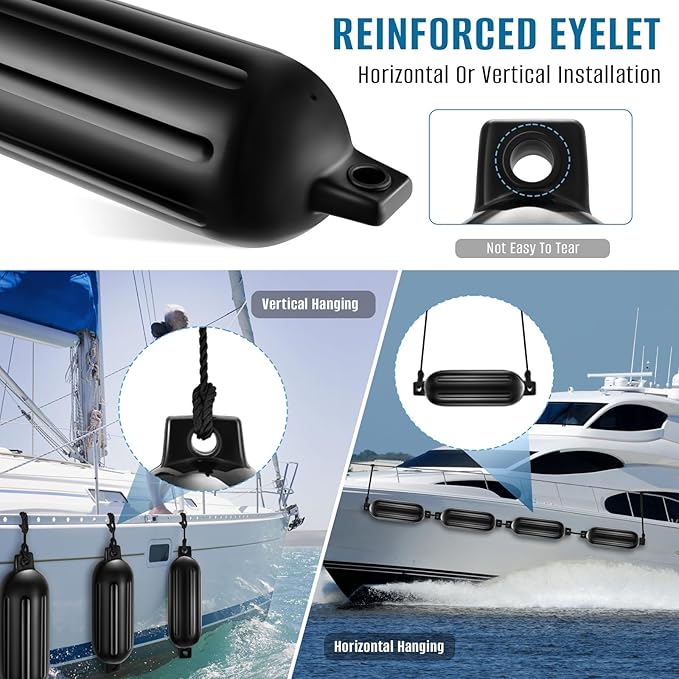 Boat Fenders 6.5 x 23 Inch Twin Eyes Ribbed Boat Fenders Bumpers Pack of 4 with Lines and Pump to Inflate for Docking (Black)