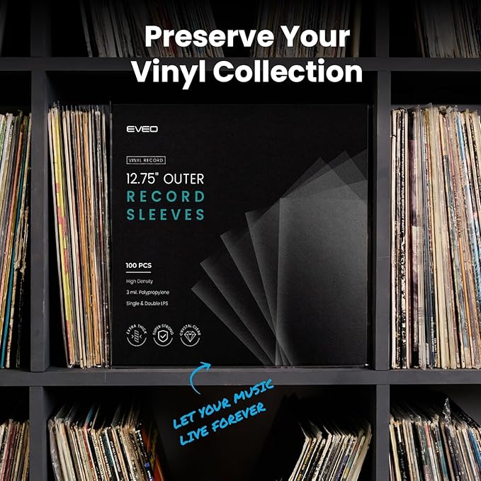 EVEO 25 Vinyl Record Sleeves Outer – Crystal Clear Outer Vinyl Sleeves LP Album Covers 12.75"x12.75" | Perfect Fit Protective 3 Mil Protection for Single & Double LPs - Archival Quality