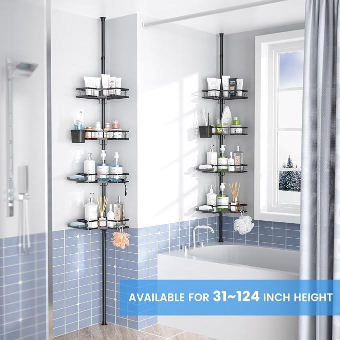 Adjustable Shower Caddy Tension Pole: Rustproof Corner Bathroom Shelves - Image 2