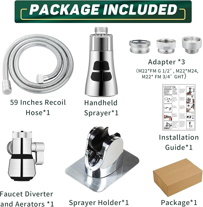 CECEFIN Kitchen Faucet Hose Attachment, 4-Mode ON/Off Spray Head w/Filter | - Image 7