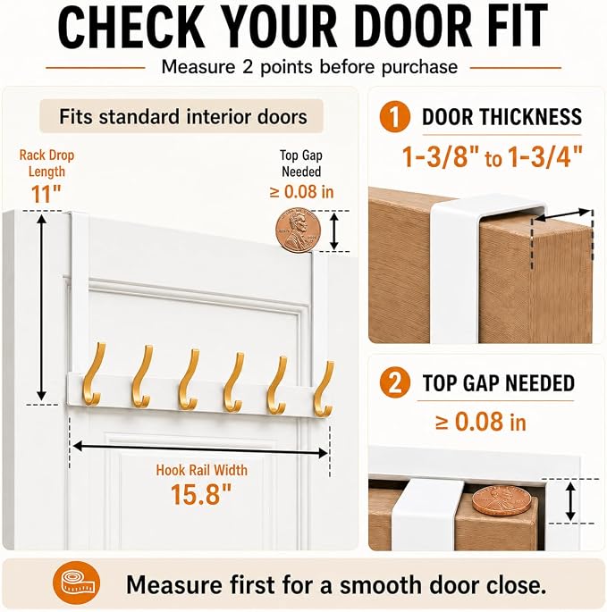 Peasulin 2 Pack 11" Over the Door Hook Rack, 6 Double Hooks | - Image 7