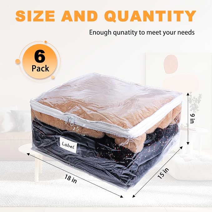 Clear Zippered Plastic Clothes Storage Bags, 6 Pack, Size: 18 x 15 x 9 Inch - Image 2
