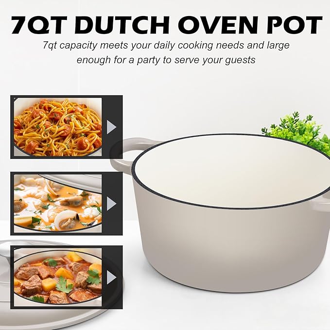 TeamFar Enameled Cast Iron Dutch Oven, 7qt Dutch Oven Pot Nonstick Cookware with Lid & Dual Handles for Bread Baking, Cooking, Oven Safe up to 500℉ & Various Stovetops, Healthy & Heavy Duty - Khaki