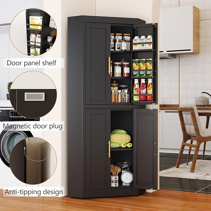63" Tall Metal Corner Kitchen Pantry Cabinet, Steel Storage Cabinets with 4 Doors and 3 Shelves, Kitchen Food Cabinets with 6 Door Panel Shelves, Farmhouse Cupboard for Kitchen Dining, Black