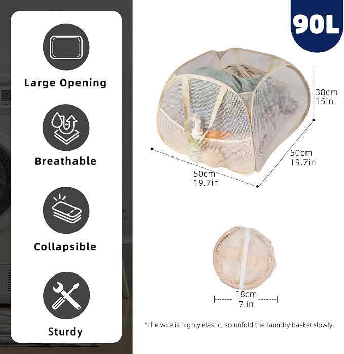 Collapsible Laundry Basket 90L, Mesh Pop-up Hamper, Side Storage Pocket - Image 2