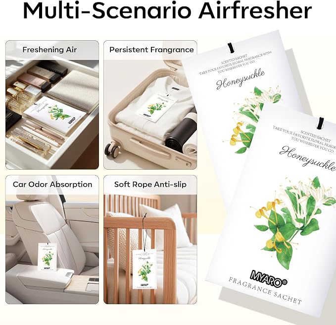 MYARO 12 Pack Honeysuckle Scented Sachets, Closet Deodorizer Car Freshener - Image 3