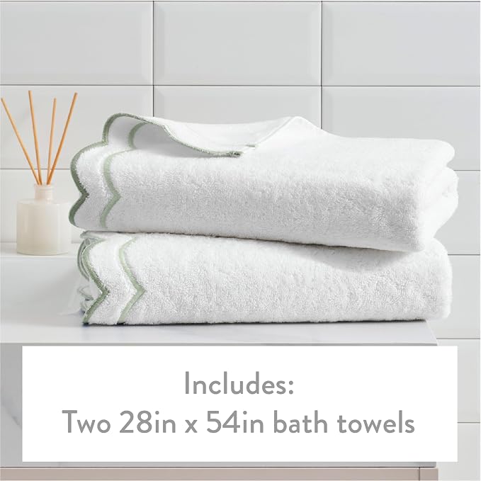 Peri Home 2 Piece Cotton Bath Towel Set, Embroidered, Sage Scallop - Image 4
