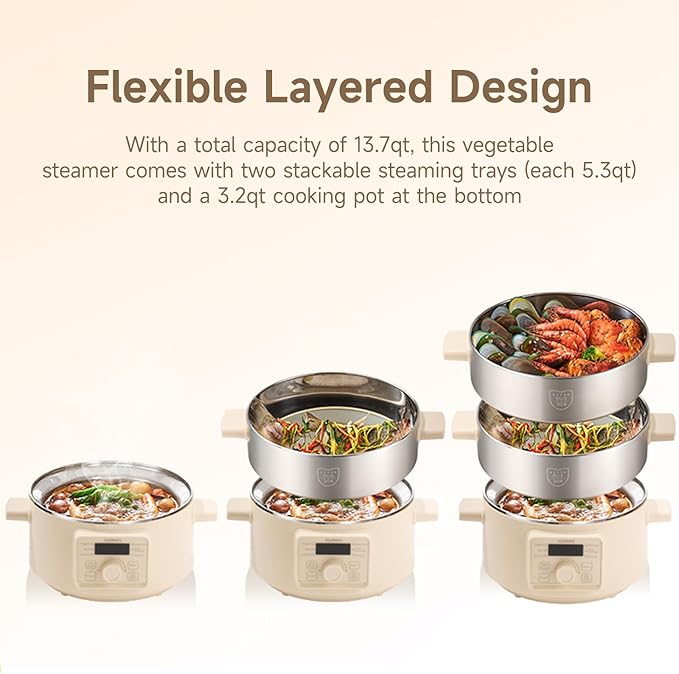 Joydeem Electric Food Steamer for Cooking, 2-Tier Stainless Steel Vegetable & Food Steamers, 13L/13.7 qt Large Capacity, DZG-A100
