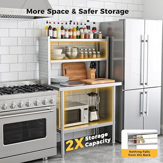 36x24 in NSF All Stainless Steel Table with Adjustable Shelf & Pegboard Panels & Casters, Kitchen Prep Table Commercial Heavy-Duty Worktable with Large Space Storage for Restaurant Garages