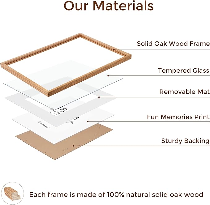 Fun Memories 18x24 Picture Frames, Oak Wood 18 x 24 Poster Frames Set of 2, 18x24 Frame Matted to 16x20, Rustic Wooden 18 x 24 Frame with Tempered Glass, Minimalist 18"x24" Art Frames, Oak Color