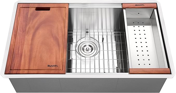 Ruvati 30-inch Undermount 16 Gauge Stainless Steel Workstation Kitchen Sink Single Bowl – Soundproof Multifunction Chef Sink with Cutting Board & Accessories, Brushed Finish Hides Scratches – RVH8310