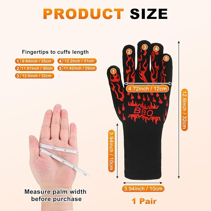 1-Pair BBQ Gloves, 1472°F Heat Resistant Non-Slip Grilling Oven Gloves for Barbecue/Baking/Cooking [L Size, Red]
