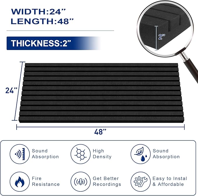 4 Pack Acoustic Foam Panels, 2" X 24" X 48" Wedge Soundproof Studio Foam for Walls,Sound Absorbing Panels, Sound Insulation for Studio, High Density Fireproof Studio Wedges (Black, 4 Pack)