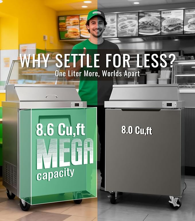 29" W Commercial Refrigerators Sandwich Salad Prep Table, 8.6 Cu.Ft Stainless Steel Food Prep Fridge with 8 Pans, Adjustable Shelves, Auto Defrost, Good Choice for Poke Bowl Shops, Delis, Food Truck