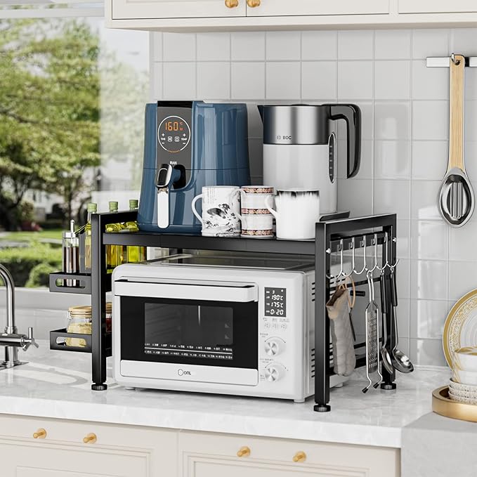 Extendable Microwave Oven Rack - Over Microwave Shelf Countertop 2 Tier Kitchen Microwave Stand (L15.7~23.6" xW12.8 xH17.7) with Spice Rack and 6 Hooks Black