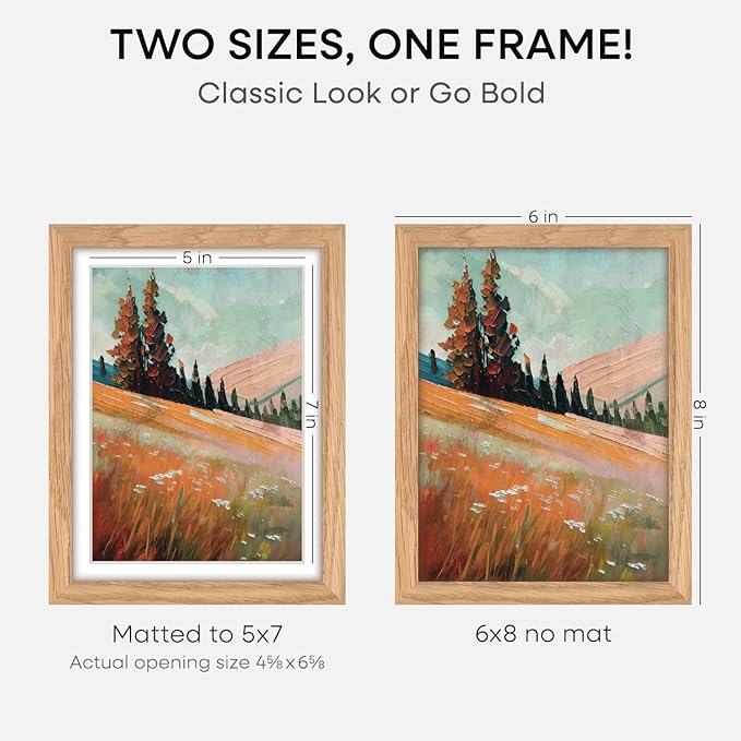 Homeforia 6x8 Picture Frame Natural Wood, High End Oak 6x8 Light Wooden Frames with Mat 5x7 for Photo, 6 x 8 Frame Matted to 5 x 7 Print, 8x6 Wall or Tabletop Frame, Tempered Glass, Wall Kit, Set of 2