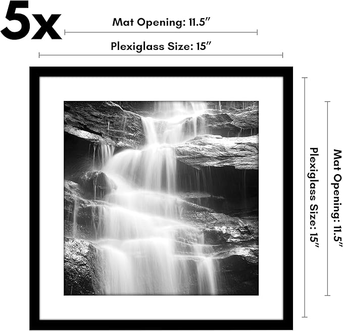 Americanflat 15x15 Picture Frame with Polished Plexiglass - Set of 5 - Use as 12x12 Frame with Mat or Display 15x15 Photo Without Mat - Galleria Collection - Square Frames for Wall Display - Black
