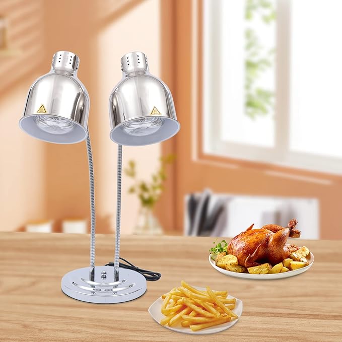 Food Heat Lamp Warmer Silver, 500W Double Bulbs Buffet Display Heating Preservation Light, Electric Portable Infrared Heating Lamp with 360°Adjustable Head (Silver Style2)
