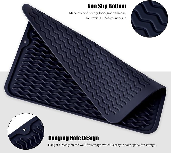 Silicone Dish Drying Mat, Non-Slip Easy Clean Sink Mat, Dark Blue, Large - Image 3