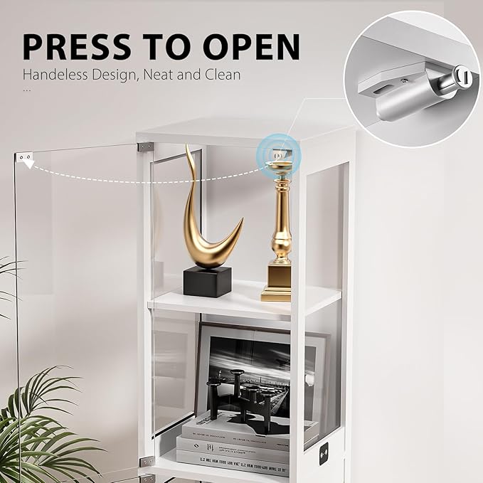 Glass Display Cabinet, 4-Tier Curio Cabinets with 3 Color Lights for Collectibles, Storage Cabinet with Door, Glass Display Case & Bookcase with Human Body Sensor, White