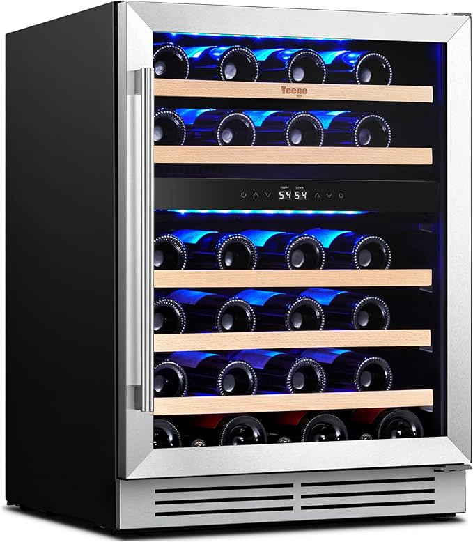 Yeego Wine Fridge Cooler - 24 Inch Dual Zone Wine Fridge Hold 52 Bottles, 40-65°F Wine Refrigerator Glass Door, Built in Fridge, Freestanding Adjustable Shelves Fridge for Beer Soda Drink Home Bar