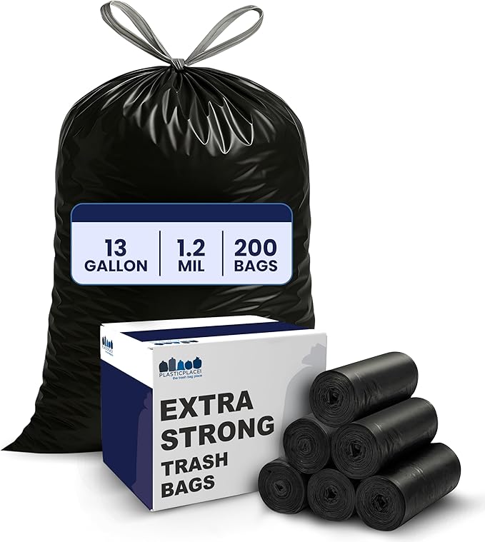 Plasticplace 13 gallon Extra Tall Drawstring Kitchen Trash Bags | Black 1.2 Mil by Plasticplace