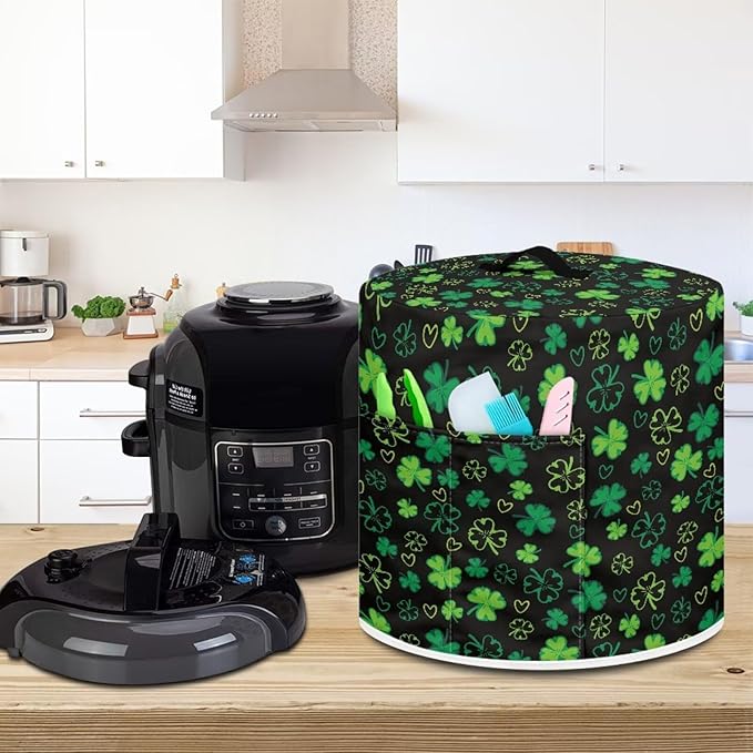 Xoenoiee Shamrock Black Print Kitchen Appliance Dust Cover with Pockets, Electric Pressure Cooker Cover Compatible with Crock Pot, Rice Cooker Covers for St.Patrick's Day Decor, for 8 Qt