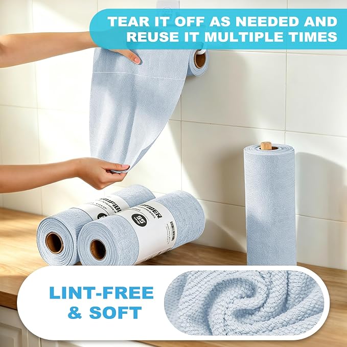 Puomue 55 Pack Microfiber Cleaning Cloth Roll, Tear Away Reusable Towels - Image 4