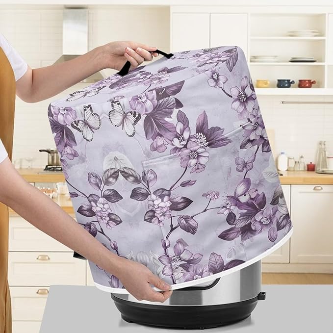 Purple Flower Pressure Cooker Cover for Women Dust Protection Insulated Rice Cooker Cover with Easy to Clean Lining Dust Cover with Pockets for Instant Pot 8 Quart Appliance Cover