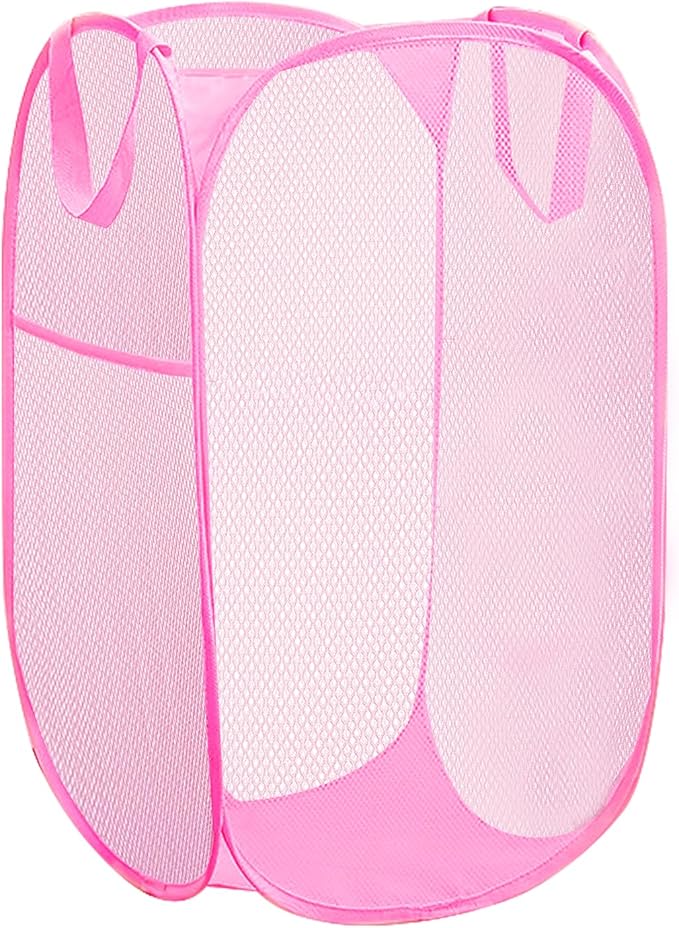 Portable Mesh Pop Up Laundry Hamper Reinforced Pink Vertical Collapsible by Aplter