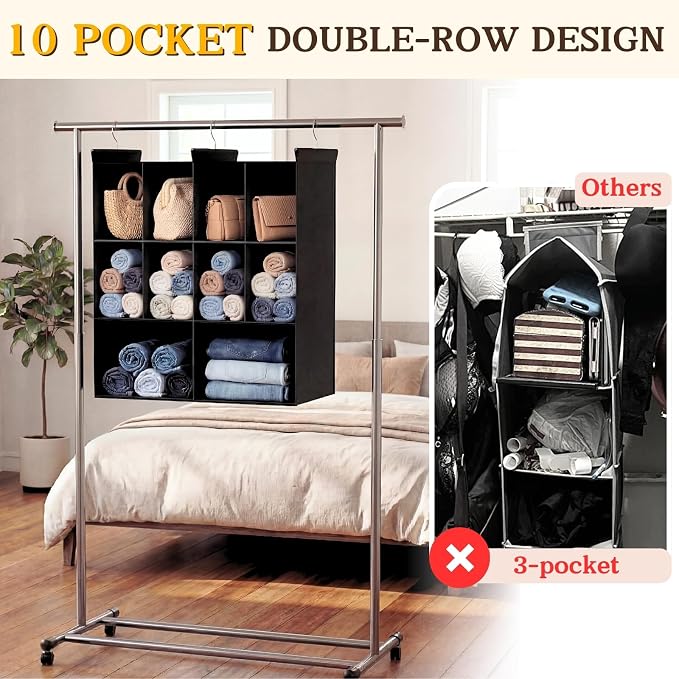 3 Tier Hanging Closet Organizer, 10 Compartments Dual Row Storage, 3 Sturdy - Image 4