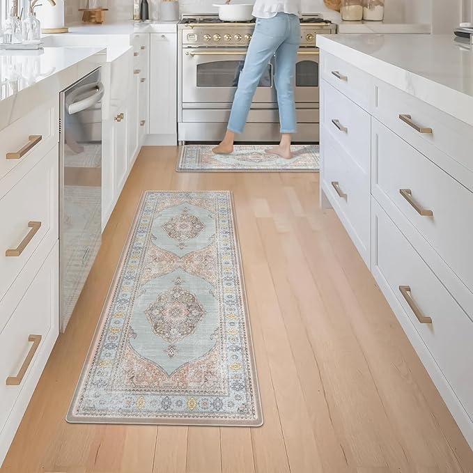 Collive Boho Kitchen Mat 2PCS Cushioned Kitchen Mats for Floor, Anti-Fatigue Mat Waterproof Kitchen Rug Set of 2 Non-Skid Comfort Standing Mat for Kitchen, Office, Sink, Laundry, 17"x30"+17"x47"(Pink)