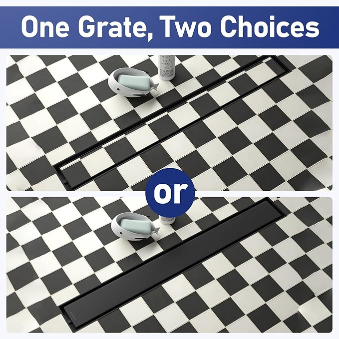 Linear Shower Drain 24", Matte Black Floor Drain with Tiled Insert Grate & Hair Strainer, 304 Stainless Steel Bathroom 2-in-1 Tiled in Drain, CUPC Certified (Matte Black, 24'')