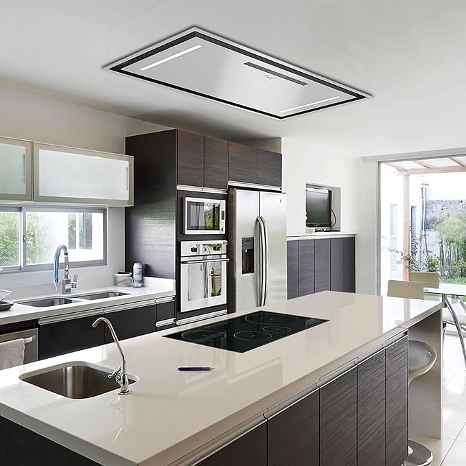 Awoco 30”W Flush Ceiling Mount Split Insert Range Hood, Stainless Steel 4 Speeds 1000 CFM, 8” Round Top Vent LED Lights Remote Control (30"W 19"D 8" Vent)
